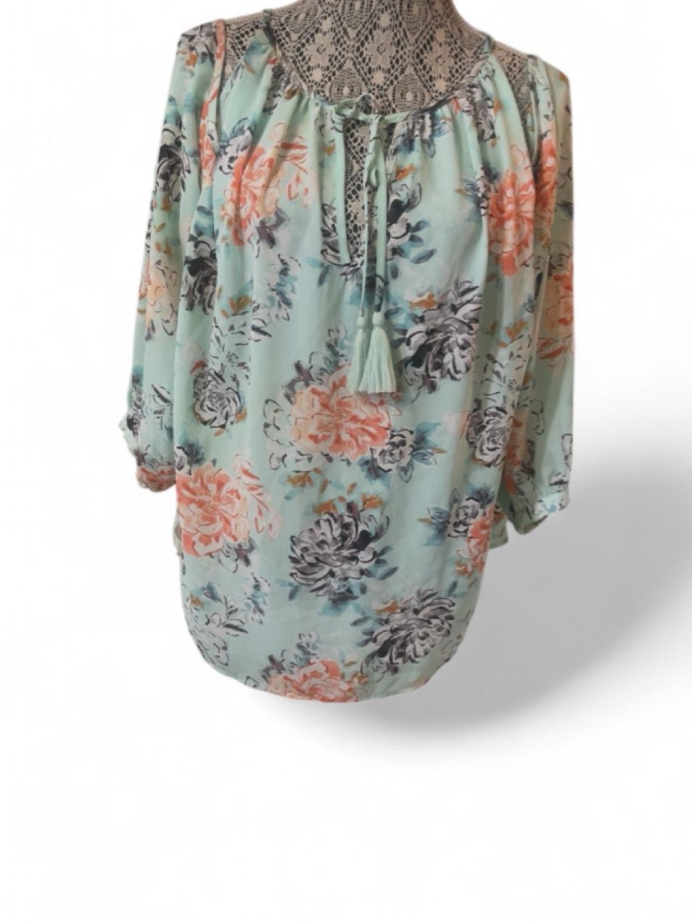 Lightweight Mint Floral Peasant Tunic with Tassel Tie